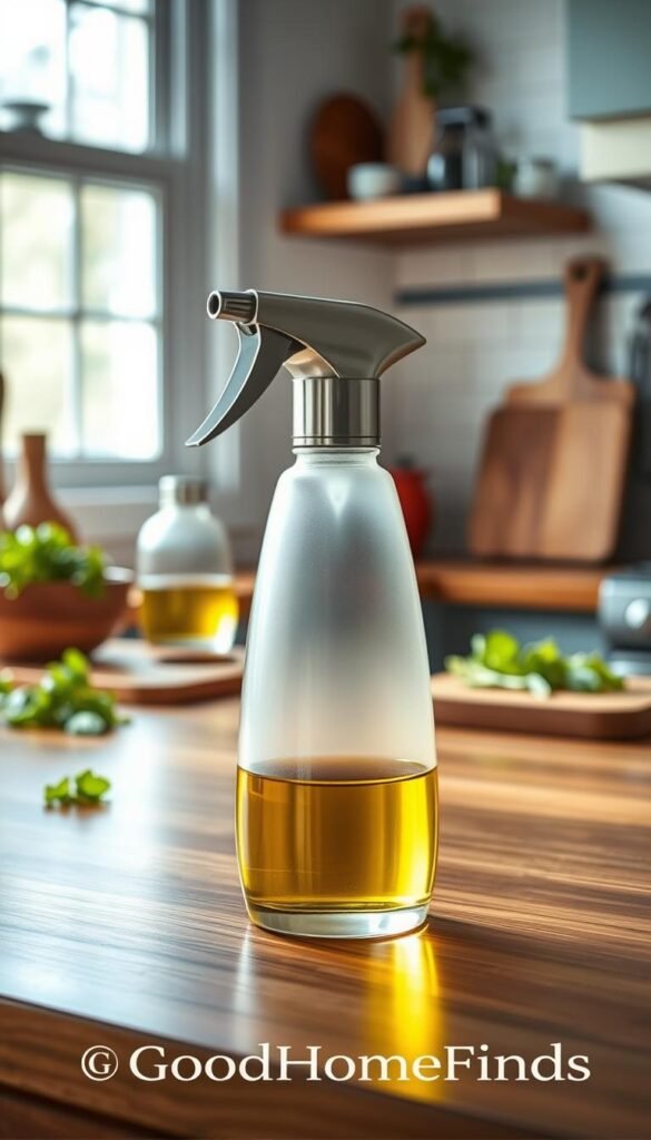A Flairosol tinted glass oil sprayer sits elegantly on a polished wooden kitchen countertop, showcasing its sleek design. The sprayer features a contemporary, ergonomic shape with a frosted glass body and a shiny metallic nozzle. It is filled with golden olive oil, reflecting soft natural light from a nearby window, creating an inviting atmosphere. In the background, blurred kitchen elements like fresh herbs, a cutting board, and tasteful utensils enhance the lifestyle feel. The image captures a warm, homey mood that emphasizes functionality and style. Shot with a 50mm lens at a slightly elevated angle to highlight the sprayer's features, the overall composition invites the viewer into a modern kitchen setting, reminiscent of Pinterest aesthetics. The brand "GoodHomeFinds" can be subtly implied through the product's design.