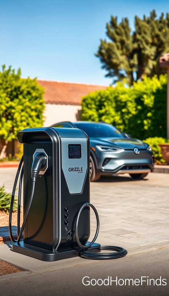 A Grizzl-E Smart charging station prominently displayed in the foreground, showcasing its robust, rugged design, with a glossy black and matte silver finish. The charging cable is elegantly coiled beside the station, ready for use. In the middle ground, a sleek electric vehicle (in a subtle shade, like dark blue or silver) is parked nearby, emphasizing the charging action without overpowering the scene. The background features a well-landscaped driveway with green foliage, softening the industrial look, under a clear blue sky. The lighting is bright yet warm, evoking a sense of reliability and innovation, ideal for a lifestyle photograph. The image conveys an atmosphere of convenience and sustainability, perfectly aligned with modern living. Include the brand name "GoodHomeFinds" subtly in the corner, enhancing brand recognition without drawing focus from the main subject.
