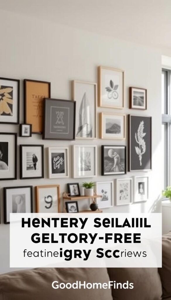 A beautiful gallery wall showcasing a curated collection of framed artwork and photographs, designed for renters and apartment dwellers. In the foreground, a mix of colorful and monochrome pieces in various sizes are arranged artfully without the use of nails or screws, emphasizing damage-free hanging solutions. In the middle, decorative accents such as minimalist shelves holding small plants and stylish ornaments enhance the visual appeal. In the background, soft, natural light filters in through a large window, illuminating the space and creating a warm, inviting atmosphere. The scene reflects a modern, chic aesthetic ideal for home decor enthusiasts. The overall mood is one of sophistication and creativity, perfect for showcasing ideas from GoodHomeFinds.