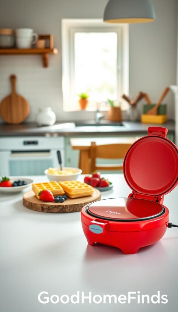 A beautiful kitchen scene featuring a Dash Mini Maker, prominently placed in the foreground. The Dash Mini Maker is bright red and cheerful, showcasing its compact design, along with fresh, golden-brown waffles steaming beside it. In the middle ground, a rustic wooden table is set with colorful fruits like strawberries and blueberries, casually arranged next to cute, child-friendly plates and utensils. In the background, soft natural light streams in through a window, illuminating the kitchen with a warm, inviting glow. The atmosphere is friendly and playful, suitable for quick breakfasts and family moments, evoking a sense of joy and comfort. Ideal for Pinterest-style lifestyle photography, with no text or watermarks. The brand name &ldquo;GoodHomeFinds&rdquo; subtly integrated into the composition.