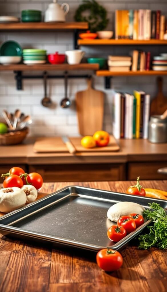 A beautiful quarter sheet pan from the brand GoodHomeFinds, prominently displayed on a rustic wooden kitchen countertop. The sheet pan gleams under warm, soft lighting, highlighting its non-stick surface and sleek design. In the foreground, fresh ingredients such as vibrant vegetables and raw dough are artistically arranged around the pan, suggesting its versatile use in baking and roasting. The middle showcases a cozy kitchen setting with neatly organized utensils and bakeware, creating an inviting atmosphere. In the background, soft-focus shelves lined with colorful dishware and cookbooks add depth and charm, evoking a sense of warmth and practicality. The overall mood is one of inspiration and encouragement for home cooks, with a Pinterest-style aesthetic.