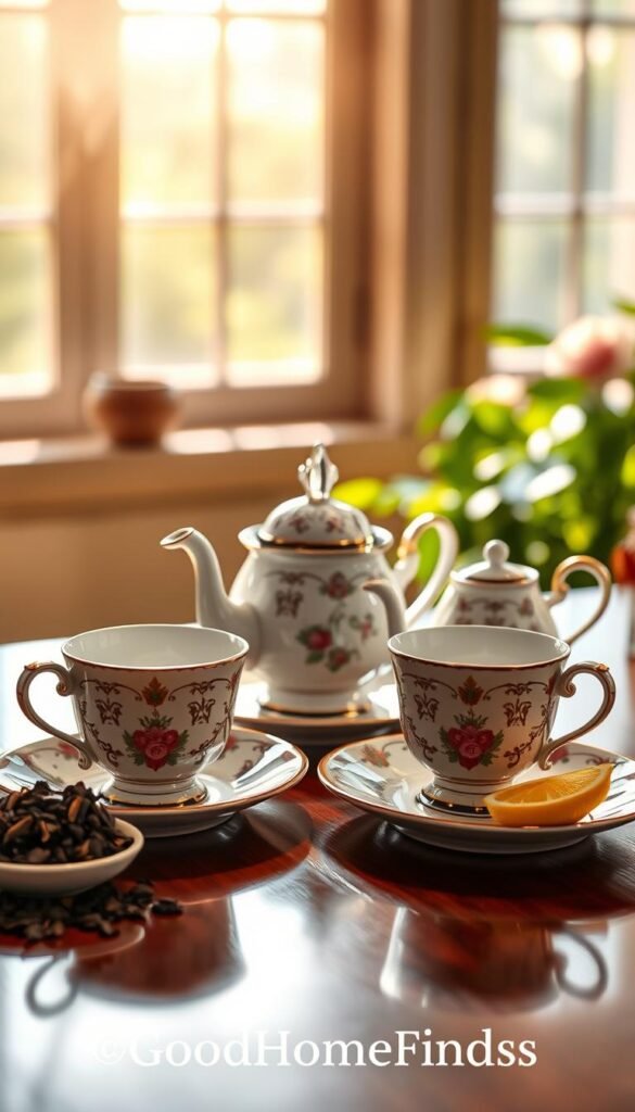 A beautifully arranged Ceylon Royal tea set featuring intricate porcelain teacups, a matching teapot, and an elegant sugar bowl, all adorned with delicate floral patterns. The set is placed on a polished wooden table, with loose tea leaves and a small dish of lemon slices next to it. In the background, a sunlit window casts warm, natural light, enhancing the inviting atmosphere of a cozy tea-drinking experience. A soft, blurred garden scene provides a tranquil backdrop, evoking a sense of peace. Capture the essence of sophistication and relaxation, ideal for tea lovers, while mirroring a Pinterest lifestyle aesthetic with a focus on rich colors and textures. Include the brand name &ldquo;GoodHomeFinds&rdquo; subtly integrated into the scene.