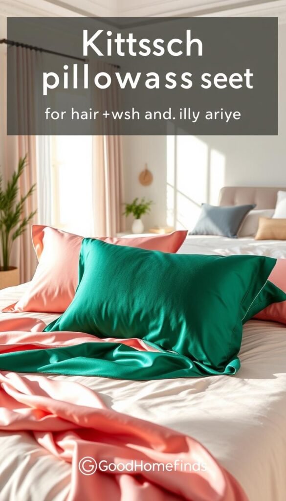 A beautifully arranged Kitsch satin pillowcase set, showcasing rich, vibrant colors like blush pink and deep emerald green. The pillowcases are elegantly displayed on a soft, plush bedding surface, with natural light streaming in from a nearby window, creating a warm and inviting atmosphere. In the foreground, gently crumpled satin fabric highlights the smooth texture, while in the middle, the perfectly placed satin pillowcases suggest a luxurious yet cozy appeal. The background features a tastefully styled bedroom with minimalist decor, soft greenery, and a hint of pastel accessories, enhancing the lifestyle aesthetic. The scene captures a serene mood ideal for hair and skin-friendly sleep. The brand name "GoodHomeFinds" subtly incorporated into the setting adds an authentic touch.