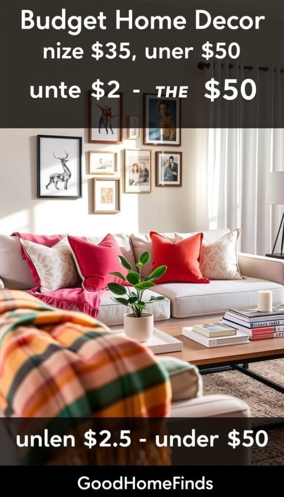 A beautifully arranged, Pinterest-style lifestyle scene showcasing budget home decor items under $25 and under $50. In the foreground, a cozy, colorful throw blanket drapes over a chic, light-colored sofa adorned with a couple of vibrant decorative pillows. A stylish, budget-friendly coffee table features a small potted plant, a candle, and a stack of well-designed books. In the middle, a tasteful gallery wall with frames of varying sizes holds inexpensive art prints and family photos that add personality. The background reveals a softly lit, inviting room with natural light streaming through slightly open curtains, casting gentle shadows. The atmosphere is warm and welcoming, highlighting the concept of affordable home transformation. Capture this scene with a wide-angle lens to emphasize the spaciousness and aesthetic appeal, embodying the brand "GoodHomeFinds."