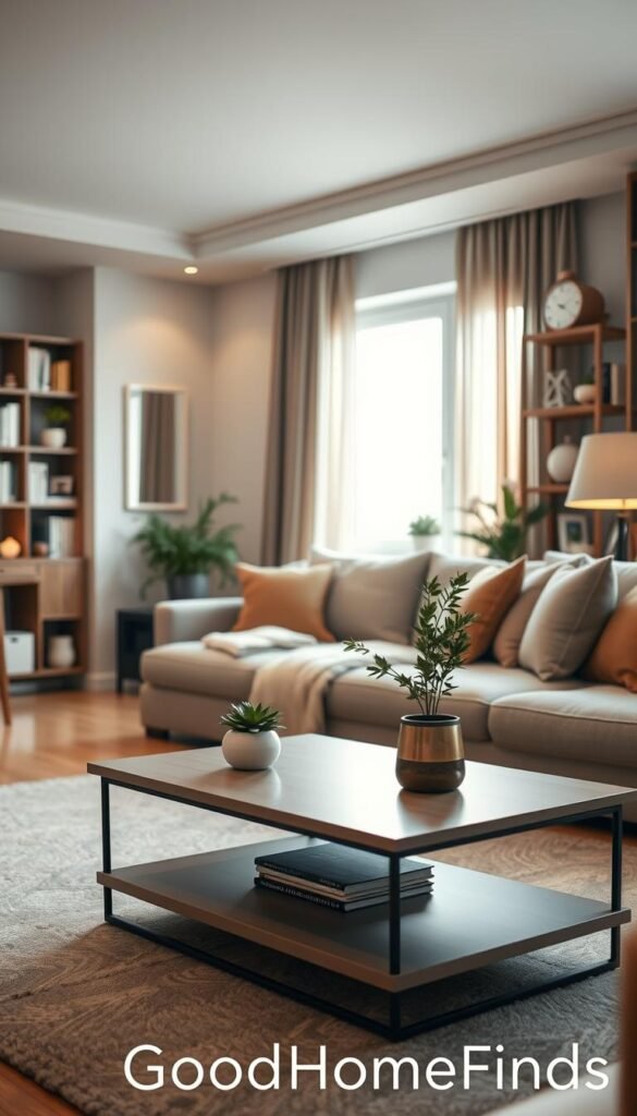 A beautifully arranged apartment living space with a modern aesthetic, showcasing a cozy atmosphere. In the foreground, a stylish coffee table with a sleek design holds decorative items like a small plant and a candle. The middle section features a comfortable sofa with plush pillows, oriented towards a large window that lets in soft, diffused natural light, enhancing the warm ambiance. In the background, a well-organized bookshelf filled with books and decorative elements adds depth. The apartment has a neutral color palette accented with earthy tones and a subtle touch of greenery to reflect a connection with nature. The overall mood is inviting and peaceful, perfect for illustrating home products that enhance apartment living. Photographed with a soft focus lens to create a warm, dreamy atmosphere, branded with "GoodHomeFinds."