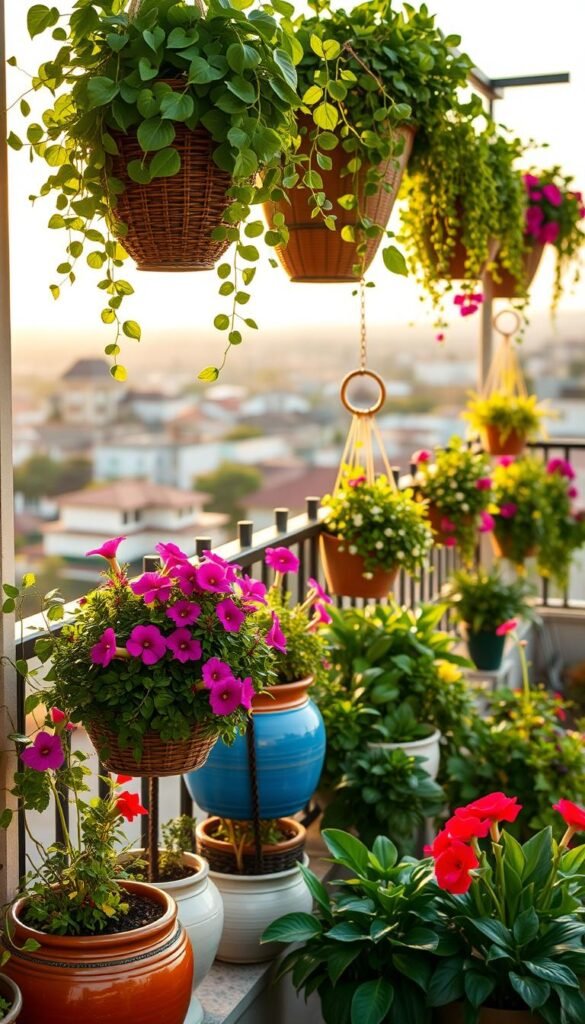 A beautifully arranged balcony scene featuring vibrant hanging planters filled with various lush green plants and colorful flowers. In the foreground, showcase a selection of elegant ceramic and woven baskets, cascading greenery, and blooming floral arrangements. In the middle, include a stylish railing adorned with an assortment of planter boxes, showcasing different plant species for a rich texture. The background should have a panoramic view of a cozy urban setting, softly illuminated by golden hour sunlight, creating a warm and inviting atmosphere. Capture this scene from a slightly elevated angle, emphasizing the depth and layering of plants. The overall mood should feel serene and rejuvenating, perfect for outdoor living, showcasing the brand "GoodHomeFinds".