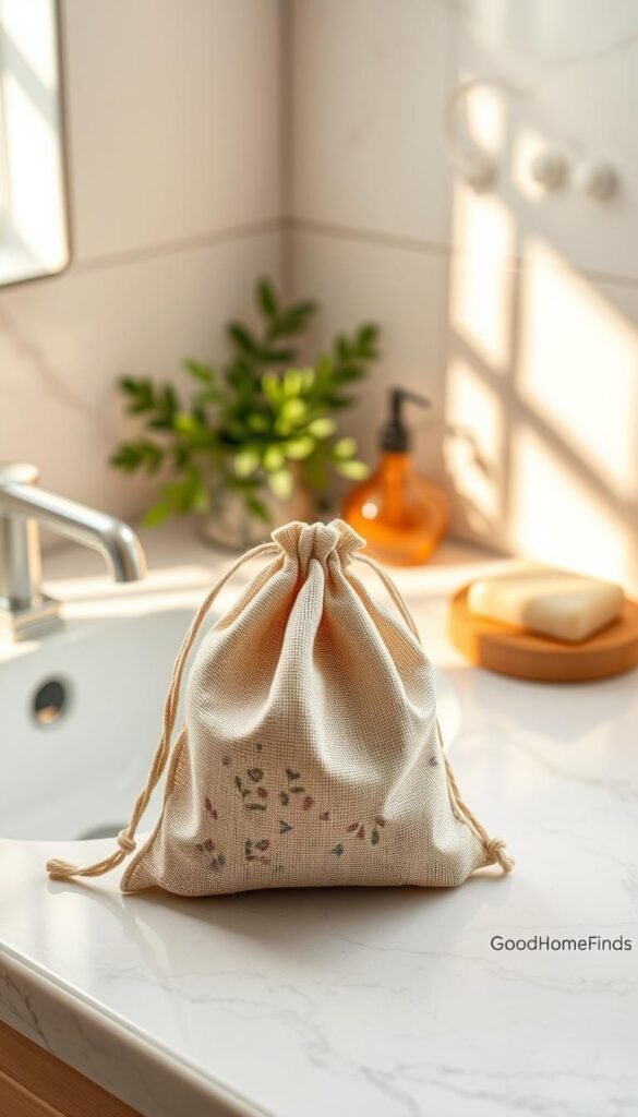 A beautifully arranged bar soap bag displayed on a stylish bathroom shelf, showcasing eco-friendly materials in soft earth tones. In the foreground, the bag is made from natural fibers, featuring a delicate drawstring, gently opened to reveal a luxurious bar of handmade soap inside, adorned with subtle floral patterns. The middle ground features a polished, modern sink with elegant soap dishes and soft greenery, enhancing the eco-friendly aesthetic. In the background, soft natural light floods the space, casting warm shadows and creating a serene atmosphere. A few artful, minimalist accessories are subtly placed, evoking a cozy, inviting feel. This image should embody a Pinterest-inspired lifestyle vibe, branded as "GoodHomeFinds."