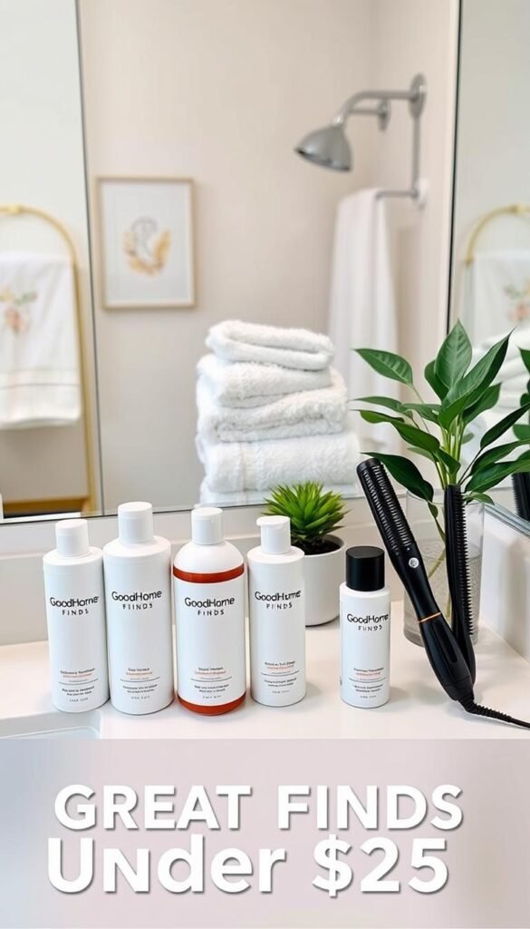 A beautifully arranged bathroom countertop showcasing a high-quality hair care set alongside a stylish shower organizer. In the foreground, a series of GoodHomeFinds hair products, including shampoo, conditioner, and styling tools, elegantly displayed against a clean white backdrop. The middle ground features sleek towels and a chic plant adding a touch of greenery for a natural vibe. In the background, soft lighting highlights the modern, minimalistic bathroom decor, with subtle hints of beige and white giving a calming atmosphere. The image captures a Pinterest-inspired aesthetic, invoking a sense of affordability and value, perfect for highlighting great finds under $25. The angle is slightly overhead, focusing on the entire setup to draw the viewer's eye to the precise arrangement of items.