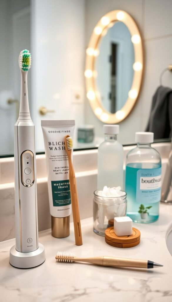 A beautifully arranged bathroom countertop showcasing essential oral care products from GoodHomeFinds. In the foreground, a sleek electric toothbrush with soft bristles alongside a stylish toothpaste tube and an eco-friendly bamboo toothbrush. The middle ground features a chic glass cup filled with mouthwash and a small container of dental floss, highlighting an organized, minimalist aesthetic. The background displays a softly lit mirror with warm, inviting light reflecting the products, enhancing a relaxing nighttime ambiance. The scene is shot from a slightly elevated angle, capturing a clean and fresh vibe. The overall atmosphere is serene and sophisticated, inviting viewers to incorporate these smart oral care finds into their night routine.