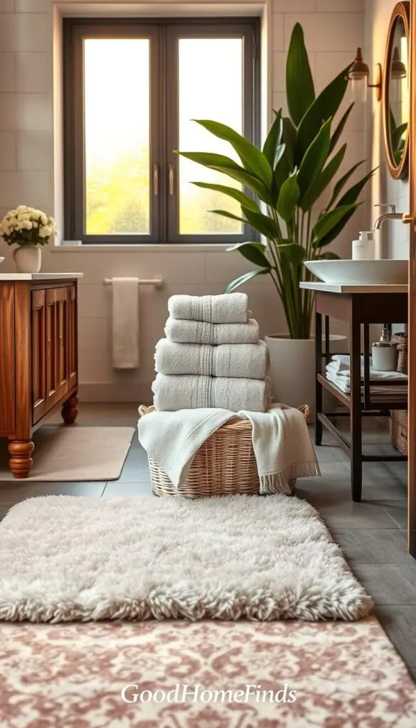 A beautifully arranged bathroom scene featuring stylish rugs and soft towels that enhance the space's vibe while remaining odor-resistant. In the foreground, a plush, patterned rug in soft pastel colors adds warmth and comfort beneath a chic wooden vanity. The middle layer includes neatly folded towels in coordinating hues and textures, displayed on a delicate basket, evoking an inviting atmosphere. In the background, warm, natural light pours in through a frosted window, illuminating elegant bathroom fixtures and lush green plants for a fresh touch. The overall mood is serene and upscale, creating a Pinterest-worthy lifestyle image, branded with "GoodHomeFinds" for that perfect finishing touch. Capture the scene with a soft-focus lens to emphasize the textures and create a cozy ambiance.