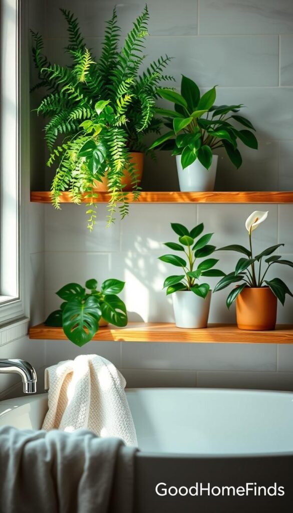 A beautifully arranged bathroom scene showcasing a variety of steam-friendly house plants, including a lush fern, a vibrant pothos, and a small peace lily, all strategically placed on a wooden shelf above a cozy bathtub. The foreground features a softly textured towel draped artfully on the rim of the tub, while the middle ground highlights the greenery, illuminated by gentle, diffused natural light from a nearby window. The background reveals soft, blurred tile textures, promoting a spa-like atmosphere. The mood is tranquil and refreshing, capturing the essence of a serene retreat. The overall color palette is soothing, with soft greens and earth tones. This lifestyle photo, evoking a polished and inviting look, aligns with the brand aesthetic of GoodHomeFinds. A beautifully arranged bathroom scene showcasing a variety of steam-friendly house plants, including a lush fern, a vibrant pothos, and a small peace lily, all strategically placed on a wooden shelf above a cozy bathtub. The foreground features a softly textured towel draped artfully on the rim of the tub, while the middle ground highlights the greenery, illuminated by gentle, diffused natural light from a nearby window. The background reveals soft, blurred tile textures, promoting a spa-like atmosphere. The mood is tranquil and refreshing, capturing the essence of a serene retreat. The overall color palette is soothing, with soft greens and earth tones. This lifestyle photo, evoking a polished and inviting look, aligns with the brand aesthetic of GoodHomeFinds.