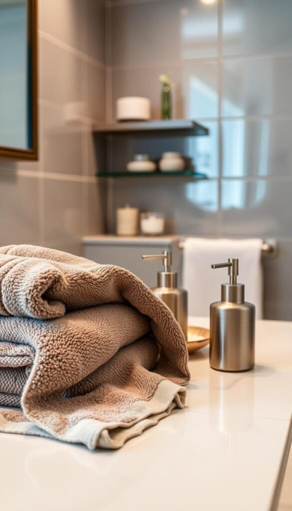 A beautifully arranged bathroom setting featuring elegant towels and stylish soap dispensers from GoodHomeFinds. In the foreground, plush, coordinated towels in muted tones drape gracefully over a sleek countertop. A modern, minimalist soap dispenser with a brushed finish sits next to a decorative dish, adding a touch of sophistication. The middle ground presents a neatly organized shelf with small accessories like a chic toothbrush holder and a scented candle, enhancing the cohesive style. In the background, soft ambient lighting creates a warm and inviting atmosphere, reflecting off the glossy tiles. The photo is captured with a shallow depth of field, emphasizing the luxurious textures and colors, evoking a sense of calm and relaxation typical of a well-designed bathroom space. A beautifully arranged bathroom setting featuring elegant towels and stylish soap dispensers from GoodHomeFinds. In the foreground, plush, coordinated towels in muted tones drape gracefully over a sleek countertop. A modern, minimalist soap dispenser with a brushed finish sits next to a decorative dish, adding a touch of sophistication. The middle ground presents a neatly organized shelf with small accessories like a chic toothbrush holder and a scented candle, enhancing the cohesive style. In the background, soft ambient lighting creates a warm and inviting atmosphere, reflecting off the glossy tiles. The photo is captured with a shallow depth of field, emphasizing the luxurious textures and colors, evoking a sense of calm and relaxation typical of a well-designed bathroom space.