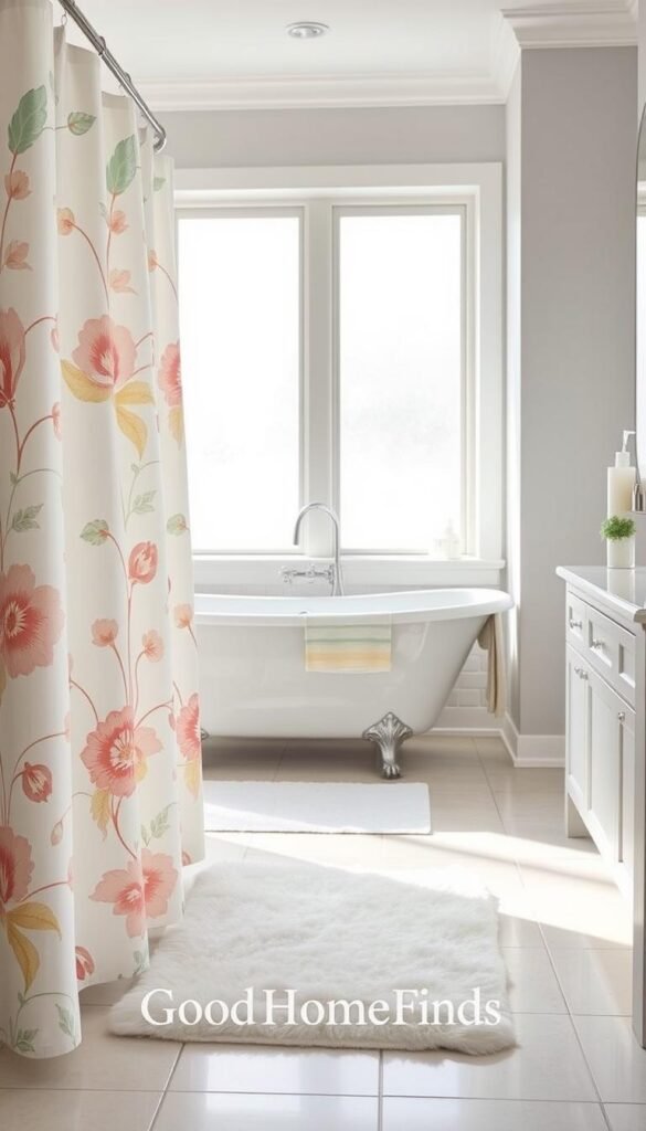 A beautifully arranged bathroom showcasing a stylish shower curtain and liner that dramatically elevate the space. In the foreground, the vibrant shower curtain features an elegant floral pattern in soft pastel colors, beautifully complementing a plush white bath mat. The middle section displays a sleek, modern bathtub paired with tasteful fixtures and decorative toiletries. In the background, soft natural light filters through a frosted window, creating a warm, inviting atmosphere. The scene is set at a slight angle to capture the elegant details and textures, with a shallow depth of field for a dreamy effect. This Pinterest-style lifestyle photo embodies an upgraded bathroom look, styled by GoodHomeFinds. A beautifully arranged bathroom showcasing a stylish shower curtain and liner that dramatically elevate the space. In the foreground, the vibrant shower curtain features an elegant floral pattern in soft pastel colors, beautifully complementing a plush white bath mat. The middle section displays a sleek, modern bathtub paired with tasteful fixtures and decorative toiletries. In the background, soft natural light filters through a frosted window, creating a warm, inviting atmosphere. The scene is set at a slight angle to capture the elegant details and textures, with a shallow depth of field for a dreamy effect. This Pinterest-style lifestyle photo embodies an upgraded bathroom look, styled by GoodHomeFinds.