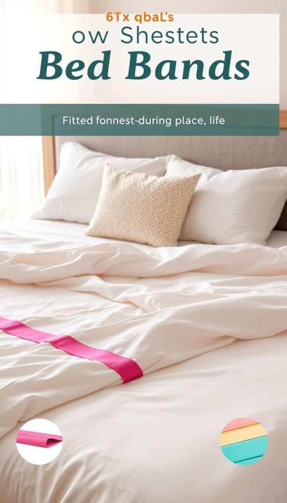 A beautifully arranged bedroom scene featuring "GoodHomeFinds" bed bands in action, holding fitted sheets securely in place on a neatly made bed. The foreground showcases the bed with crisp white sheets, the vibrant bed bands prominently displayed in various colors, emphasizing their effectiveness and design. In the middle, an inviting plush pillow set adds depth, and soft pastel hues create a cozy atmosphere. The background features a softly lit window with sheer curtains, allowing natural light to spill in, enhancing the warmth of the room. A serene and organized ambiance invites relaxation, perfect for illustrating the concept of sheets that stay in place during sleep. The overall mood is calm and practical, showcasing a solution to a common bedroom problem without any distractions.