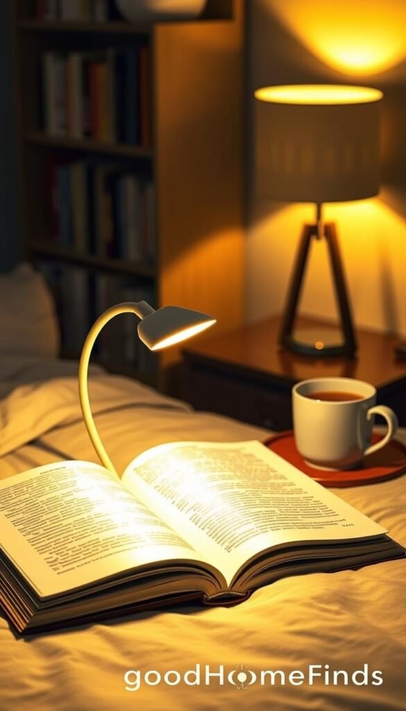 A beautifully arranged bedside scene featuring the Glocusent USB Rechargeable Book Light, elegantly designed with a flexible neck and warm LED glow. In the foreground, the book light is resting on an open book, illuminating the pages with a soft yellow hue, creating a cozy reading nook. The middle ground includes a stylish, modern lamp and a cup of steaming herbal tea, exuding warmth and comfort. In the background, a softly blurred shelf filled with books enhances the intellectual atmosphere. The lighting is warm and inviting, casting soft shadows that create a serene mood. Capture this tranquil moment in a Pinterest-style lifestyle photo, highlighting the practicality of the book light in a chic, minimalistic setting. Include the brand name "GoodHomeFinds" subtly in the background, ensuring it does not distract from the main focus of the image.