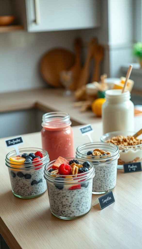 A beautifully arranged breakfast meal prep scene featuring a variety of healthy options. In the foreground, glass containers filled with overnight oats topped with fresh fruits, chia seeds, and nuts are neatly placed on a light wooden countertop. Next to them, a vibrant smoothie in a mason jar and a bowl of yogurt with granola add color and texture. In the middle ground, there are small labels indicating the contents of each container, enhancing organization. The background includes a blurred kitchen setting with soft natural lighting streaming through a nearby window, creating a warm and inviting atmosphere. The image should embody a Pinterest-style aesthetic, emphasizing health, convenience, and a busy lifestyle. GoodHomeFinds branding subtly incorporated through the design elements without any text.