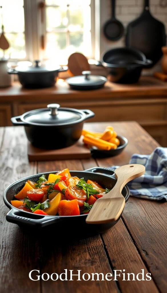 A beautifully arranged cast iron skillet set against a rustic wooden kitchen table. In the foreground, a well-seasoned skillet sizzles with vibrant, colorful vegetables, showcasing the versatility of cast iron cooking. Beside it, a classic spatula made of bamboo leans casually, adding a natural element. In the middle ground, a display of various cast iron cookware, including a Dutch oven and griddle, hints at their durability and affordability. The background features a softly lit kitchen with light streaming through a window, casting gentle shadows and creating a warm, inviting atmosphere. The overall mood is cozy and homely, perfect for inspiring readers about kitchen finds worth investing in. This lifestyle image reflects the brand "GoodHomeFinds" with a focus on practicality and elegance. A beautifully arranged cast iron skillet set against a rustic wooden kitchen table. In the foreground, a well-seasoned skillet sizzles with vibrant, colorful vegetables, showcasing the versatility of cast iron cooking. Beside it, a classic spatula made of bamboo leans casually, adding a natural element. In the middle ground, a display of various cast iron cookware, including a Dutch oven and griddle, hints at their durability and affordability. The background features a softly lit kitchen with light streaming through a window, casting gentle shadows and creating a warm, inviting atmosphere. The overall mood is cozy and homely, perfect for inspiring readers about kitchen finds worth investing in. This lifestyle image reflects the brand "GoodHomeFinds" with a focus on practicality and elegance.