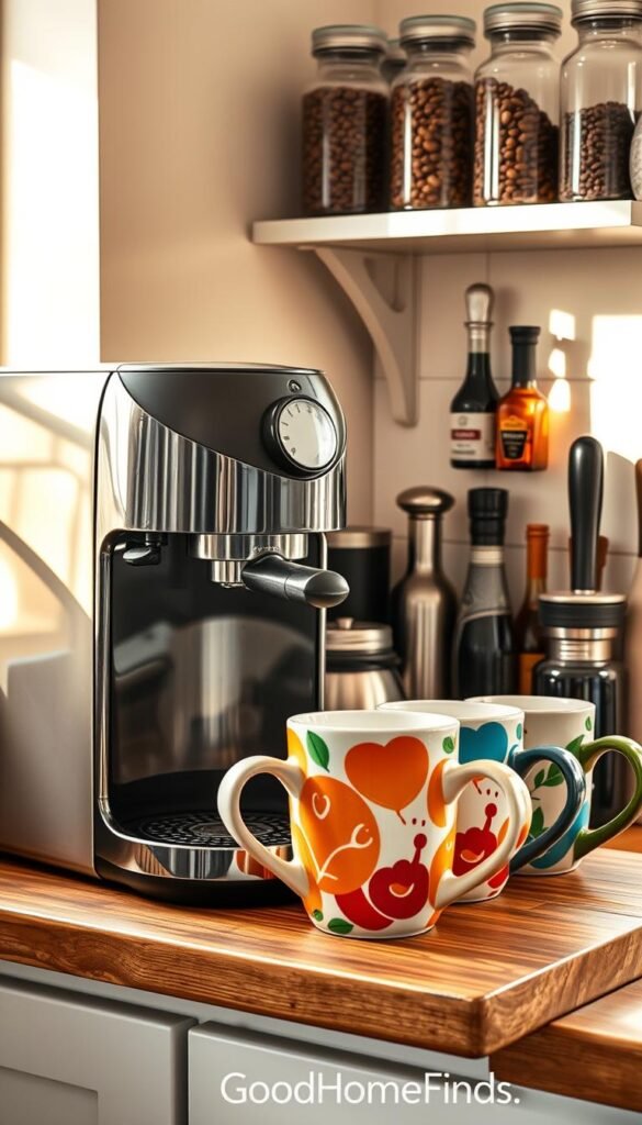 A beautifully arranged coffee corner featuring a sleek espresso machine, a vibrant set of ceramic coffee mugs, and a variety of coffee beans displayed in glass jars. In the foreground, the glossy espresso machine gleams under warm, inviting lighting, while the mugs, adorned with cheerful patterns, are artistically placed on a rustic wooden countertop. The middle ground includes a small, stylish kitchen shelf cluttered with coffee accessories like a frother, a French press, and a selection of syrups in elegant bottles. The background showcases a cozy kitchen setting with soft, natural light streaming in through a window, creating a warm, inviting atmosphere. The scene embodies a Pinterest-style lifestyle photo, capturing the essence of everyday luxury and practical comfort. GoodHomeFinds.