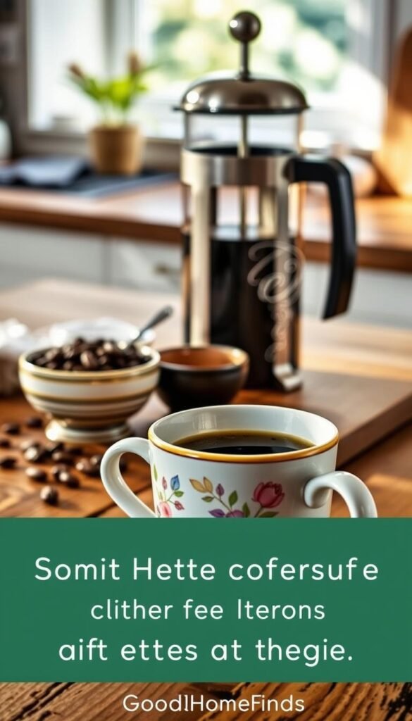 A beautifully arranged coffee setup featuring a steaming cup of freshly brewed coffee on a rustic wooden table. In the foreground, there's a vibrant ceramic coffee mug with a delicate design, steam rising softly from the rim. In the middle, a stylish French press and a small bowl of rich coffee beans sit beside a decorative spoon, hinting at the brewing process. The background includes blurred hints of a bright kitchen with natural light streaming in through a window, casting soft shadows. The scene conveys a warm, inviting atmosphere, perfect for starting the day. Soft textures and earthy tones create a Pinterest-style aesthetic. Ideal for showcasing the “GoodHomeFinds” brand, focusing on small upgrades for better coffee at home. A beautifully arranged coffee setup featuring a steaming cup of freshly brewed coffee on a rustic wooden table. In the foreground, there's a vibrant ceramic coffee mug with a delicate design, steam rising softly from the rim. In the middle, a stylish French press and a small bowl of rich coffee beans sit beside a decorative spoon, hinting at the brewing process. The background includes blurred hints of a bright kitchen with natural light streaming in through a window, casting soft shadows. The scene conveys a warm, inviting atmosphere, perfect for starting the day. Soft textures and earthy tones create a Pinterest-style aesthetic. Ideal for showcasing the “GoodHomeFinds” brand, focusing on small upgrades for better coffee at home.