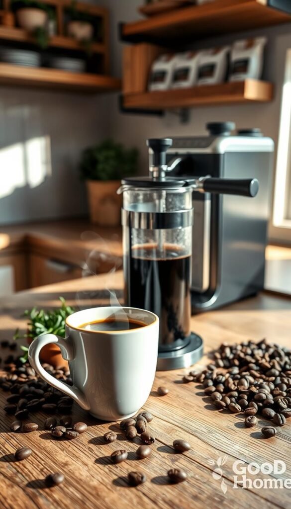 A beautifully arranged coffee setup on a rustic wooden kitchen counter. In the foreground, a steaming cup of freshly brewed coffee sits in an elegant ceramic mug, surrounded by scattered coffee beans and a small plant for a touch of greenery. In the middle, a stylish French press is partially filled with ground coffee and hot water, showcasing the rich, dark brew. The background features a sleek coffee machine with a modern design and a shelf stacked with artisanal coffee bags. Soft, natural morning light streams in from a nearby window, casting gentle shadows and creating a warm, inviting atmosphere. The overall mood is cozy and sophisticated, perfect for showcasing premium coffee upgrades in a contemporary kitchen. Captured with a shallow depth of field and a slight overhead angle for added impact. GoodHomeFinds.