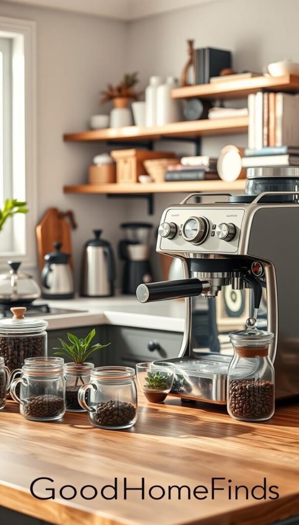 A beautifully arranged coffee station in a cozy kitchen setting, prominently featuring a sleek espresso machine with polished stainless steel accents. In the foreground, a wooden countertop holds an assortment of high-quality coffee beans in clear glass jars, alongside artisanal mugs and a small plant for a touch of greenery. The middle ground includes an elegant coffee grinder and a kettle on a modern stovetop, while the background showcases shelves filled with stylish coffee accessories and neatly stacked books. Soft, warm ambient lighting creates a welcoming atmosphere, with sunlight filtering through a nearby window, casting gentle shadows. The image embodies a seamless blend of safety, quality, and maintenance, presenting an ideal coffee corner. Capture in high resolution with a 35mm lens for a detailed, Pinterest-style aesthetic. Include the brand name "GoodHomeFinds" subtly integrated into the scene.