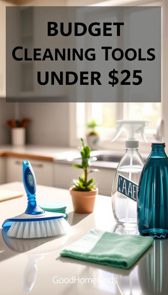 A beautifully arranged collection of budget cleaning tools under $25 from the brand "GoodHomeFinds". In the foreground, feature an ergonomic scrub brush, a compact microfiber cloth set, and a versatile spray bottle. The middle section showcases a bright, clean kitchen countertop with a small potted plant, enhancing the homey vibe. In the background, soft morning light streams through a window, casting gentle shadows and creating a warm atmosphere. Use a shallow depth of field to focus on the cleaning tools while softly blurring the surrounding elements. The image should convey a fresh, rejuvenating mood, perfect for a morning reset at home, inviting viewers to imagine using these affordable yet efficient tools in their own space. A beautifully arranged collection of budget cleaning tools under $25 from the brand "GoodHomeFinds". In the foreground, feature an ergonomic scrub brush, a compact microfiber cloth set, and a versatile spray bottle. The middle section showcases a bright, clean kitchen countertop with a small potted plant, enhancing the homey vibe. In the background, soft morning light streams through a window, casting gentle shadows and creating a warm atmosphere. Use a shallow depth of field to focus on the cleaning tools while softly blurring the surrounding elements. The image should convey a fresh, rejuvenating mood, perfect for a morning reset at home, inviting viewers to imagine using these affordable yet efficient tools in their own space.