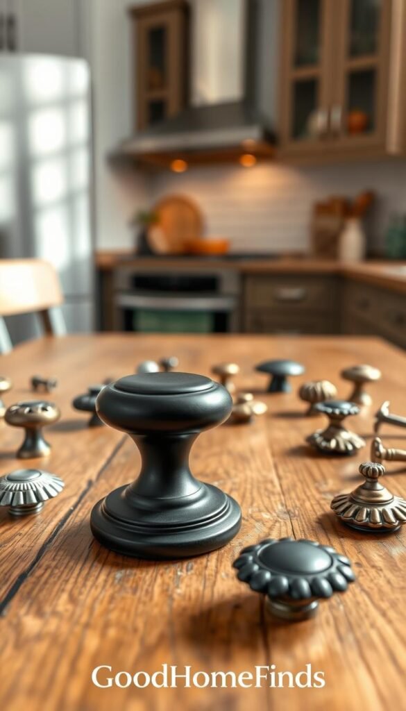 A beautifully arranged collection of cabinet hardware pieces on a rustic wooden table, showcasing stylish knobs and pulls in various finishes like brushed nickel, matte black, and antique brass. In the foreground, an elegant matte black drawer pull stands out, while a variety of decorative knobs, including floral and geometric designs, are scattered artfully around it. The middle ground features a soft-focus background of a cozy kitchen setting, with warm lighting casting gentle shadows, enhancing the sleek textures of the hardware. The atmosphere conveys a sense of modern charm and affordability, perfect for renters seeking stylish upgrades without breaking the bank. The image captures the essence of trendy home improvement inspiration, featuring the brand name "GoodHomeFinds" subtly integrated into the scene, ensuring a Pinterest-ready look.