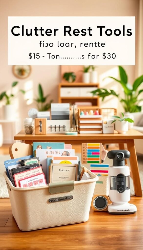 A beautifully arranged collection of clutter reset tools designed for renters, showcasing a variety of items under $25 and $50. In the foreground, a sleek storage basket filled with stylish organizational tools like decorative bins, wall hooks, and drawer dividers. In the middle, a wooden table displaying minimalistic shelf organizers, colorful adhesive labels, and a compact vacuum cleaner, all branded "GoodHomeFinds." In the background, a softly lit living space with pastel walls and houseplants, contributing to a cozy atmosphere. Capture this scene with natural, warm lighting to highlight the tools, using a shallow depth of field to create a focus on the items while the background remains softly blurred, evoking a sense of inviting, organized home life. A beautifully arranged collection of clutter reset tools designed for renters, showcasing a variety of items under $25 and $50. In the foreground, a sleek storage basket filled with stylish organizational tools like decorative bins, wall hooks, and drawer dividers. In the middle, a wooden table displaying minimalistic shelf organizers, colorful adhesive labels, and a compact vacuum cleaner, all branded "GoodHomeFinds." In the background, a softly lit living space with pastel walls and houseplants, contributing to a cozy atmosphere. Capture this scene with natural, warm lighting to highlight the tools, using a shallow depth of field to create a focus on the items while the background remains softly blurred, evoking a sense of inviting, organized home life.