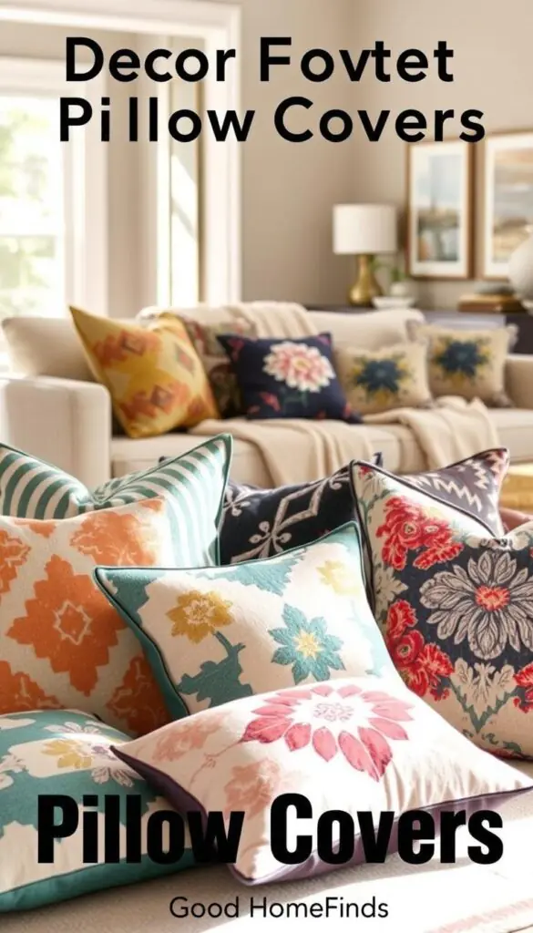 A beautifully arranged collection of decor pillow covers in various stylish patterns and textures is displayed prominently. In the foreground, a set of plush, colorful pillows features geometric designs and floral motifs, providing a vibrant touch. The middle ground shows a cozy sofa draped elegantly with a soft throw blanket, complementing the pillows. The background features a well-decorated living room setting, with muted wall colors and tasteful artwork, creating a warm and inviting atmosphere. The lighting is soft and natural, as if sunlight filters in through large windows, casting gentle shadows. The scene evokes a sense of comfort and style, highlighting the ways these decor-forward pillow covers can enhance any home aesthetic. The image aligns with the brand &ldquo;GoodHomeFinds,&rdquo; showcasing practical yet beautiful home accessories.