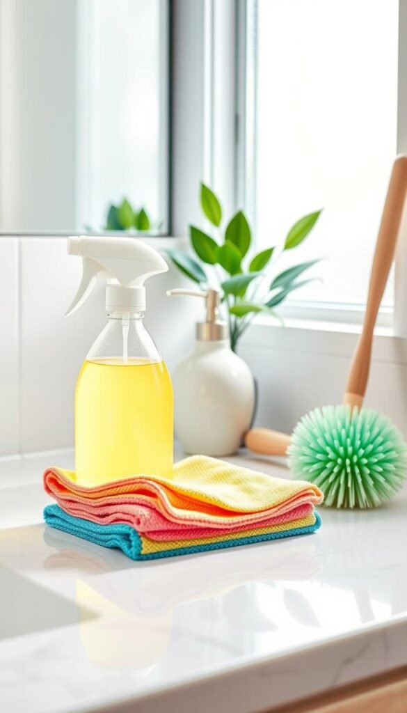 A beautifully arranged collection of essential bathroom cleaning supplies, including a spray bottle filled with a bright, eco-friendly cleaner, a set of colorful microfiber cloths, and a sturdy scrub brush. In the foreground, these items are neatly staged on a sparkling white bathroom countertop with a subtle sheen. The middle ground features a stylishly designed ceramic soap dispenser and a chic bathroom plant, enhancing the aesthetic. In the background, soft natural light filters through a frosted window, creating a serene and inviting atmosphere. The mood is fresh and clean, evoking a sense of efficiency and organization. The scene reflects a modern, Pinterest-style lifestyle image with no text or watermarks, showcasing GoodHomeFinds' quality cleaning supplies in an organized, appealing manner. A beautifully arranged collection of essential bathroom cleaning supplies, including a spray bottle filled with a bright, eco-friendly cleaner, a set of colorful microfiber cloths, and a sturdy scrub brush. In the foreground, these items are neatly staged on a sparkling white bathroom countertop with a subtle sheen. The middle ground features a stylishly designed ceramic soap dispenser and a chic bathroom plant, enhancing the aesthetic. In the background, soft natural light filters through a frosted window, creating a serene and inviting atmosphere. The mood is fresh and clean, evoking a sense of efficiency and organization. The scene reflects a modern, Pinterest-style lifestyle image with no text or watermarks, showcasing GoodHomeFinds' quality cleaning supplies in an organized, appealing manner.