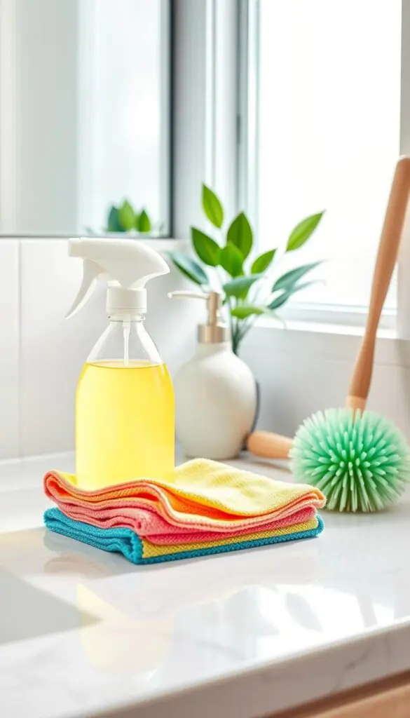 A beautifully arranged collection of essential bathroom cleaning supplies, including a spray bottle filled with a bright, eco-friendly cleaner, a set of colorful microfiber cloths, and a sturdy scrub brush. In the foreground, these items are neatly staged on a sparkling white bathroom countertop with a subtle sheen. The middle ground features a stylishly designed ceramic soap dispenser and a chic bathroom plant, enhancing the aesthetic. In the background, soft natural light filters through a frosted window, creating a serene and inviting atmosphere. The mood is fresh and clean, evoking a sense of efficiency and organization. The scene reflects a modern, Pinterest-style lifestyle image with no text or watermarks, showcasing GoodHomeFinds' quality cleaning supplies in an organized, appealing manner.