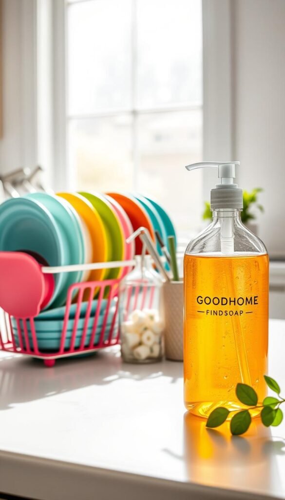 A beautifully arranged collection of essential dishwashing tools set against a bright, airy kitchen backdrop. In the foreground, showcase a vibrant dish rack filled with colorful plates, glasses, and utensils, neatly drying. Beside it, a stylish bottle of dish soap from "GoodHomeFinds," with a sleek dispensing pump. In the middle, include a sponge holder with decorative sponges and a small jar filled with scrubbers, emphasizing practicality and style. In the background, soft natural light floods through a window, illuminating the clean kitchen surfaces and enhancing a fresh, inviting atmosphere. A touch of greenery with a small potted herb adds life, conveying a sense of order and cleanliness, perfect for a daily reset.