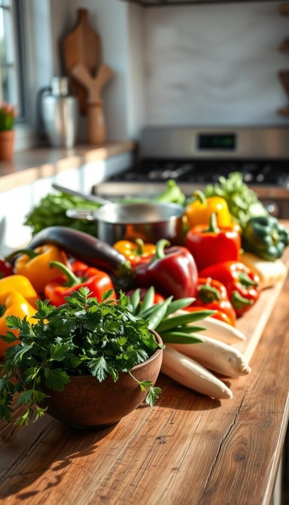 A beautifully arranged collection of fresh vegetables, featuring vibrant bell peppers, crisp green beans, and deep purple eggplants, all artfully displayed on a rustic wooden kitchen counter. In the foreground, a bowl of mixed herbs adds a touch of greenery and freshness. The middle ground showcases a pot of water gently boiling on a modern stovetop, with a pair of tongs resting nearby. Soft natural light streams in from a window, casting gentle shadows and creating a warm, inviting atmosphere perfect for a kitchen setting. Shot with a shallow depth of field to emphasize the vegetables in focus while softly blurring the background. The overall mood is lively and encouraging, reflecting a sense of ease and simplicity in cooking. GoodHomeFinds.