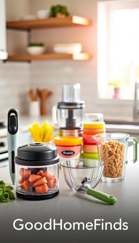 A beautifully arranged collection of innovative kitchen tools that significantly reduce prep time, displayed on a bright, modern kitchen countertop. In the foreground, showcase a sleek vegetable chopper, a multi-functional peeler, and a measuring cup with an easy-pour spout. In the middle, include a compact food processor and a set of stackable storage containers in vibrant colors. The background features a stylish backsplash and a bright window allowing natural light to flood the scene, creating a warm, inviting atmosphere. Use soft focus on the background to emphasize the kitchen tools, shot from a slightly elevated angle to capture the arrangement. The overall mood is cheerful and practical, reflecting the ease of cooking with these time-saving gadgets. Include the brand name "GoodHomeFinds" subtly integrated into the image composition.