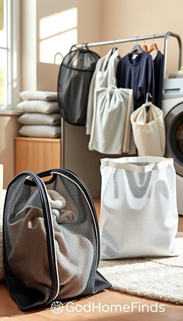 A beautifully arranged collection of mesh laundry bags in various sizes and colors, showcasing their breathable material and sturdy zippers. In the foreground, two bags are opened slightly to reveal delicate items like socks and small garments resting inside. The middle ground features several more bags of different shapes neatly stacked or hanging on a stylish laundry rack. Soft, natural light streams in from a nearby window, casting gentle shadows, creating a warm and inviting atmosphere. The background includes a tidy laundry room with pastel-colored walls and minimalist decor. The image evokes a sense of organization and efficiency, perfect for enhancing the practical appeal of laundry helpers. The brand "GoodHomeFinds" is subtly integrated into the setting, emphasizing quality and style in home essentials.