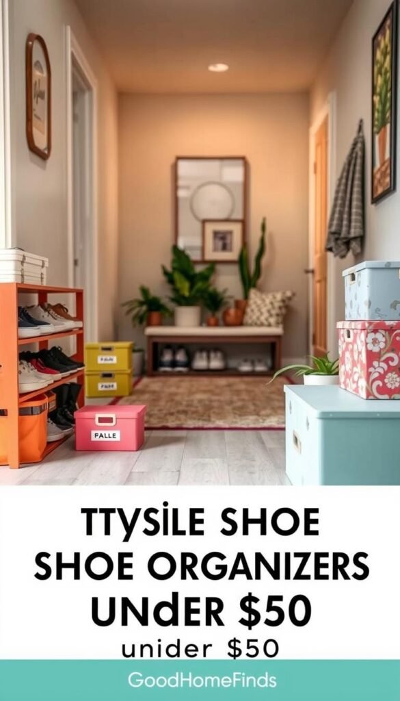 A beautifully arranged collection of stylish shoe organizers and upgrades under $50. In the foreground, showcase a colorful shoe rack and neatly labeled shoe boxes with vibrant designs. In the middle, display a cozy entryway with a small bench adorned with decorative pillows and a well-organized shoe storage solution. Add a couple of trendy plants for a touch of greenery. In the background, show a subtly blurred hallway with soft, warm lighting that creates a welcoming atmosphere. Use a wide-angle lens to capture the depth of the space, emphasizing the harmonious blend of functionality and style. The overall mood is fresh, inviting, and practical, reminiscent of polished Pinterest-style lifestyle photos. Include subtle branding elements of "GoodHomeFinds" within the image through the products displayed. A beautifully arranged collection of stylish shoe organizers and upgrades under $50. In the foreground, showcase a colorful shoe rack and neatly labeled shoe boxes with vibrant designs. In the middle, display a cozy entryway with a small bench adorned with decorative pillows and a well-organized shoe storage solution. Add a couple of trendy plants for a touch of greenery. In the background, show a subtly blurred hallway with soft, warm lighting that creates a welcoming atmosphere. Use a wide-angle lens to capture the depth of the space, emphasizing the harmonious blend of functionality and style. The overall mood is fresh, inviting, and practical, reminiscent of polished Pinterest-style lifestyle photos. Include subtle branding elements of "GoodHomeFinds" within the image through the products displayed.
