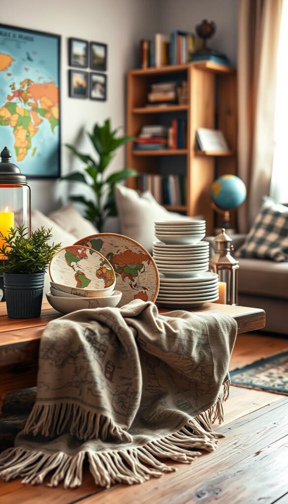 A beautifully arranged collection of travel-inspired home items, featuring a vibrant travel-themed decor piece, a stylish set of dishes with world maps, a cozy throw blanket adorned with vintage travel stamps, and an elegant lantern. The foreground features the cozy throw draped artfully over a rustic wooden table, with the dishes elegantly stacked beside a small potted plant. In the middle, there&rsquo;s a curated selection of artifacts that evoke a sense of exploration, with warm lighting creating a welcoming atmosphere. The background showcases a soft-focus of a cozy living room setting with travel books and a globe on a shelf. The entire mood conveys inspiration and comfort, ideal for travelers wanting to bring the world into their homes. Shot with a warm light filter, using a 50mm lens at a 45-degree angle. "GoodHomeFinds" style incorporated with an inviting and homely touch.