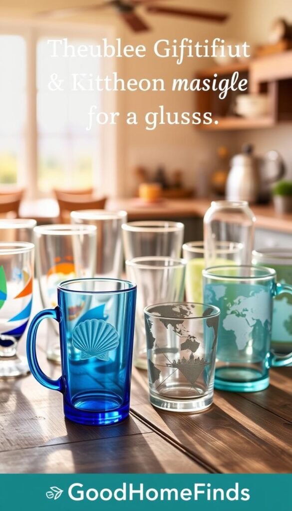 A beautifully arranged collection of travel-themed drinkware showcased on a rustic wooden surface, highlighting a variety of colorful glass tumblers and mugs inspired by diverse destinations like tropical beaches and European cities. In the foreground, a vibrant blue glass tumbler adorned with a seashell motif sits beside a patterned travel mug featuring a world map design. The middle ground reveals additional glassware, creatively displaying an assortment of shapes and sizes, glinting in soft, warm natural light. The background features a blurred landscape of a sunlit kitchen or outdoor patio, evoking a cozy, inviting atmosphere. This lifestyle image reflects affordability and charm, embodying the spirit of thoughtful gift-giving for guests. The scene is styled for "GoodHomeFinds," ensuring an engaging visual appeal without any text.
