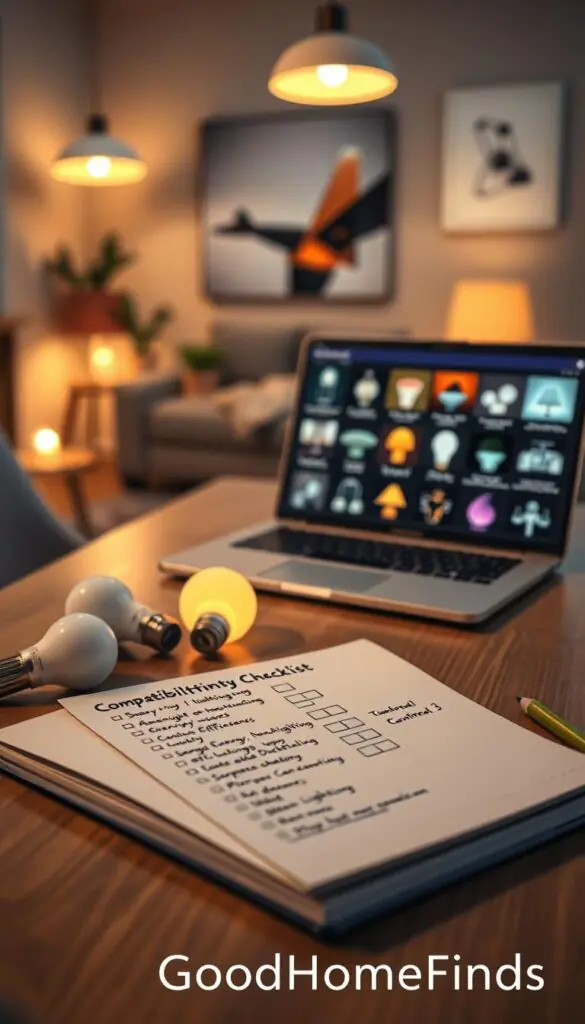 A beautifully arranged compatibility checklist for smart lighting systems, vividly displayed on a sleek, modern wooden table. In the foreground, a stylish notebook with handwritten notes on different smart light features, alongside a set of colorful, smart light bulbs. The middle ground features a laptop screen displaying various smart home lighting options, with icons representing energy efficiency, compatibility, and control methods. In the background, a cozy, well-lit living room showcasing different lighting setups, highlighting the atmosphere created by smart lights. Soft, warm ambient lighting enhances the scene, creating a welcoming mood. The lens captures close details with a shallow depth of field, focusing primarily on the checklist elements, ensuring a Pinterest-style aesthetic that reflects thoughtful home selection. The brand name "GoodHomeFinds" subtly incorporated into the scene.