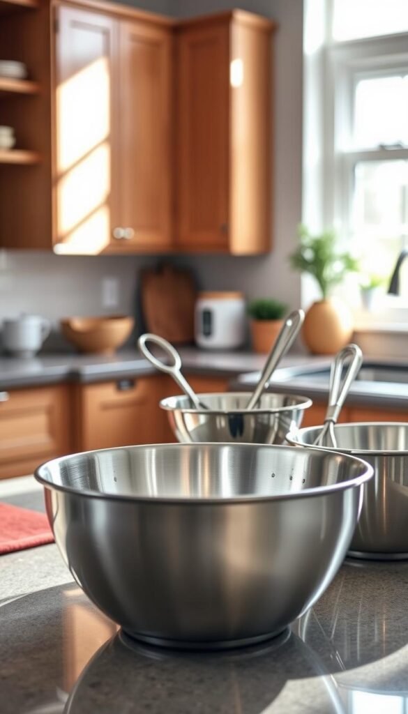 A beautifully arranged countertop showcasing a collection of high-quality stainless steel kitchen essentials. In the foreground, a sleek stainless steel mixing bowl sits alongside a durable stainless steel colander, both reflecting soft light and highlighting their polished finishes. The middle layer features small-batch kitchen tools, such as a stainless steel measuring cup and small whisk, all elegantly positioned. In the background, a well-lit modern kitchen with warm wooden cabinets and subtle decorative elements creates a cozy atmosphere. The scene is illuminated by natural light streaming in from a window, casting gentle shadows and enhancing the tranquil mood. The overall composition embodies a stylish and functional kitchen environment, perfect for any culinary enthusiast. GoodHomeFinds.