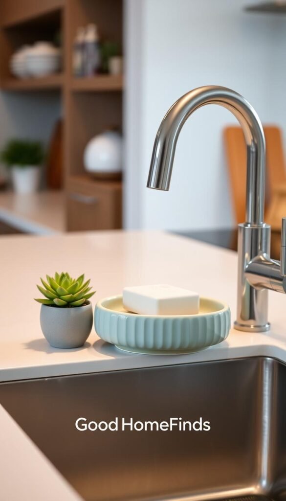 A beautifully arranged countertop showcasing an elegant soap dish made of ceramic in soft pastel colors, set beside a minimalistic, sleek faucet. On the countertop, there is also a small potted succulent for a touch of greenery, enhancing the inviting atmosphere. The background features blurred, modern kitchen elements, emphasizing organization without clutter. The lighting is soft and warm, creating a serene and cozy mood, reminiscent of a well-organized and tidy home. The shot is captured from a slightly elevated angle to highlight the soap dish and its surroundings. The brand name "GoodHomeFinds" is subtly integrated into the image style for a professional touch.