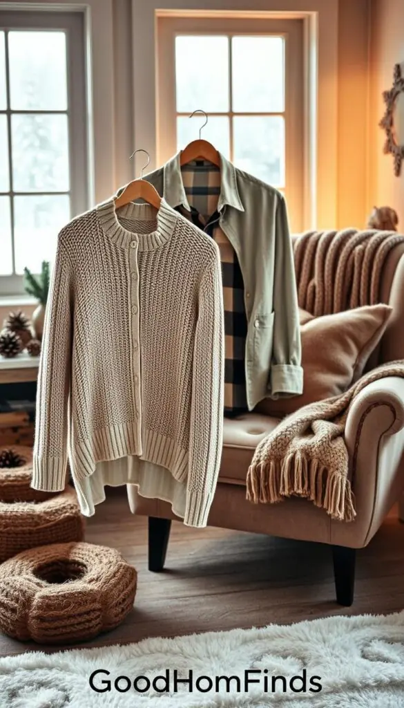 A beautifully arranged cozy winter scene showcasing a stylish layered outfit representing the concept of "cozy layers." In the foreground, display a soft knit sweater draped over a hanger, paired with a classic button-up shirt and warm flannel leggings. The middle ground features a plush armchair adorned with a chunky knit throw blanket and a faux fur pillow, inviting relaxation. In the background, softly lit by warm, ambient light, there are winter-themed decorative elements like pinecones, faux snowflakes, and a window with a view of gently falling snow. The overall mood is inviting and serene, evoking feelings of warmth and comfort. Capture this scene with natural lighting and a soft-focus lens to enhance the cozy atmosphere. Reflect the style of GoodHomeFinds, emphasizing simplicity and elegance in winter fashion.