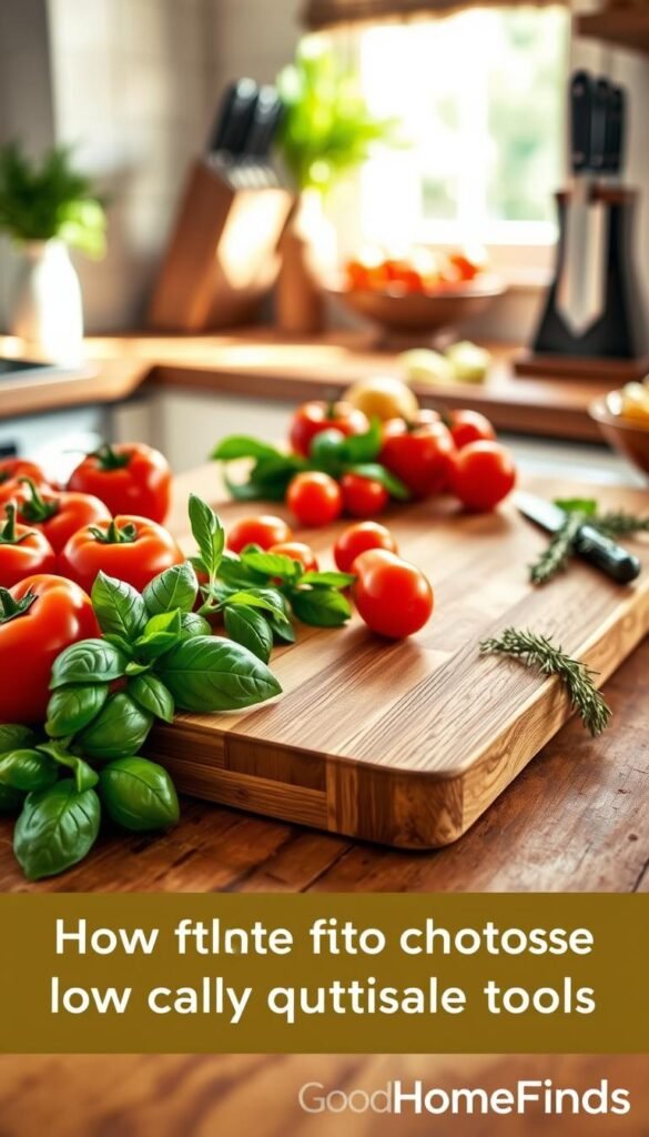 A beautifully arranged cutting board on a rustic wooden kitchen countertop, showcasing a high-quality bamboo cutting board with visible grain and texture. Surrounding the board are fresh, vibrant vegetables&mdash;bright red tomatoes, crisp green bell peppers, and fragrant herbs like basil and rosemary. Soft natural light filters in from a nearby window, creating a warm and inviting atmosphere. The background features blurred kitchen elements like a knife set and a bowl of fruits, emphasizing an organized yet cozy kitchen setup. The image should evoke a sense of practicality and style, illustrating the pitfalls of choosing lower-quality kitchen tools. This Pinterest-style lifestyle photo is branded subtly with "GoodHomeFinds" in a corner.