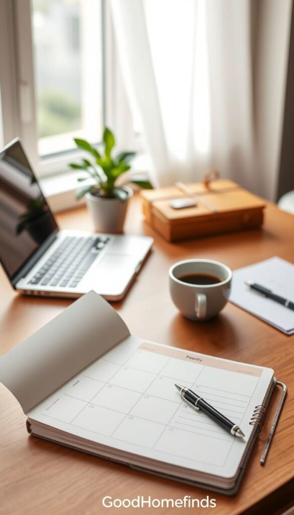 A beautifully arranged desk showcasing a stylish weekly planner pad designed for efficient time management. The foreground features the planner pad opened to a weekly layout with neatly organized sections for each day, complemented by a sleek pen resting beside it. In the middle, a cozy workspace, with a laptop, a steaming cup of coffee, and a small potted plant adding a touch of greenery. In the background, soft natural light filters through a nearby window, highlighting warm wooden textures and creating a calm atmosphere. The scene radiates simplicity and productivity, tailored for busy individuals seeking effective planning tools. The aesthetic is Pinterest-inspired, emphasizing organization and tranquility, branded subtly with "GoodHomeFinds" visible on the edge of the planner.