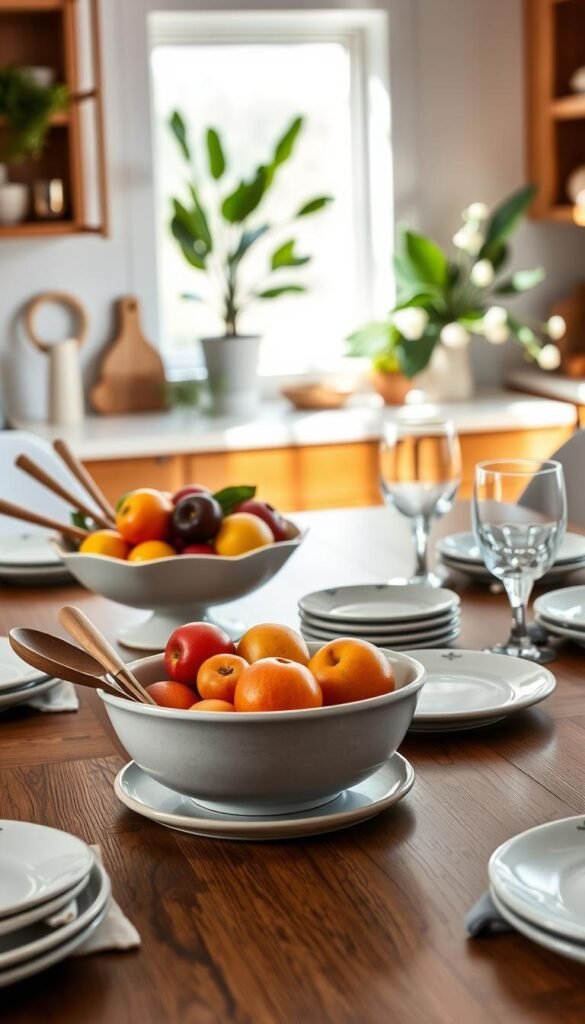 A beautifully arranged dining table showcasing a collection of affordable serving pieces that blend elegance with functionality. In the foreground, a ceramic serving bowl filled with colorful seasonal fruits, flanked by stylish wooden serving utensils. The middle ground features a set of sleek, minimalist plates with a subtle design, paired with delicate glassware reflecting soft light. The background reveals a softly lit kitchen with warm wooden accents and green plants, creating a cozy atmosphere. Natural light filters in through a window, casting gentle shadows and enhancing the textures of the materials. The overall mood is inviting and stylish, perfect for a modern kitchen aesthetic. This image embodies the essence of GoodHomeFinds, focusing on functional beauty without breaking the bank. A beautifully arranged dining table showcasing a collection of affordable serving pieces that blend elegance with functionality. In the foreground, a ceramic serving bowl filled with colorful seasonal fruits, flanked by stylish wooden serving utensils. The middle ground features a set of sleek, minimalist plates with a subtle design, paired with delicate glassware reflecting soft light. The background reveals a softly lit kitchen with warm wooden accents and green plants, creating a cozy atmosphere. Natural light filters in through a window, casting gentle shadows and enhancing the textures of the materials. The overall mood is inviting and stylish, perfect for a modern kitchen aesthetic. This image embodies the essence of GoodHomeFinds, focusing on functional beauty without breaking the bank.