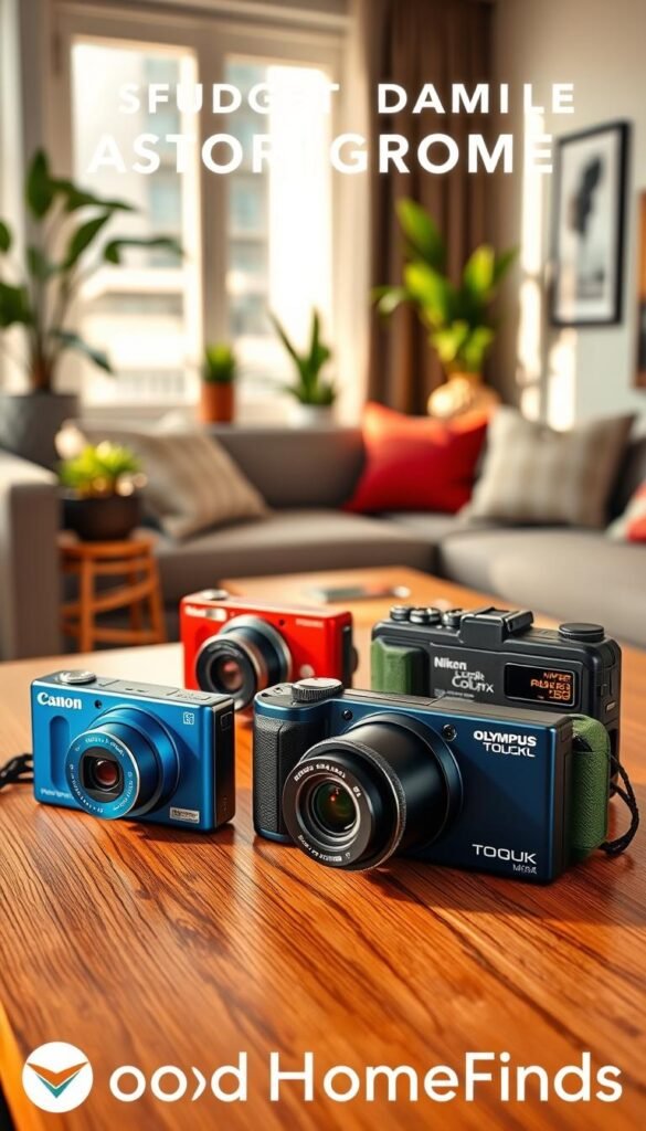 A beautifully arranged display of budget cameras on a sleek wooden table, emphasizing their compact designs and user-friendly features. In the foreground, a blue Canon Powershot, a Nikon Coolpix in vibrant red, and an Olympus Tough camera in rugged green are showcased with their lenses gleaming under soft, natural light. The middle ground features a blurred backdrop of a cozy living room, subtly decorated with houseplants and soft cushions, creating a warm atmosphere. Warm sunlight filters through a nearby window, casting gentle shadows and adding an inviting glow to the scene. This image, branded with "GoodHomeFinds," captures the essence of affordable technology, showcasing a smart home vibe that emphasizes practicality and style without compromising quality.