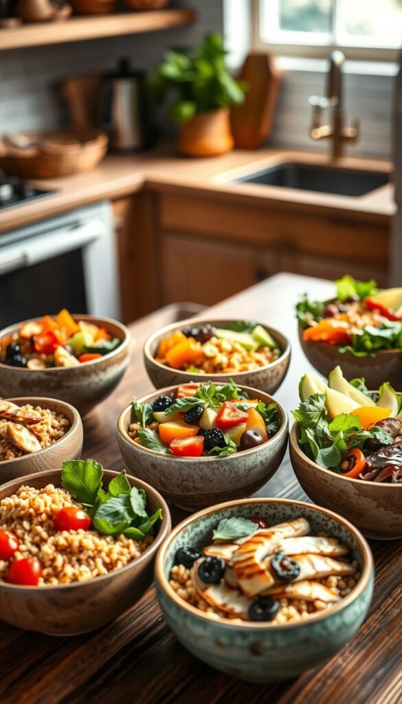 A beautifully arranged display of colorful lunch bowls, showcasing a variety of healthy ingredients like quinoa, assorted vegetables, grilled chicken, and vibrant salads. The foreground features several bowls crafted from eco-friendly materials, placed on a rustic wooden table. In the middle, a few bowls are filled with vibrant fruits and greens, garnished with herbs. The background has a softly blurred kitchen setting with natural light filtering through a window, creating a warm and inviting atmosphere. Use a slight overhead angle to capture the vivid details of each bowl. Ensure the image reflects a lifestyle vibe suitable for Pinterest, ideal for showcasing meal prep finds from GoodHomeFinds.