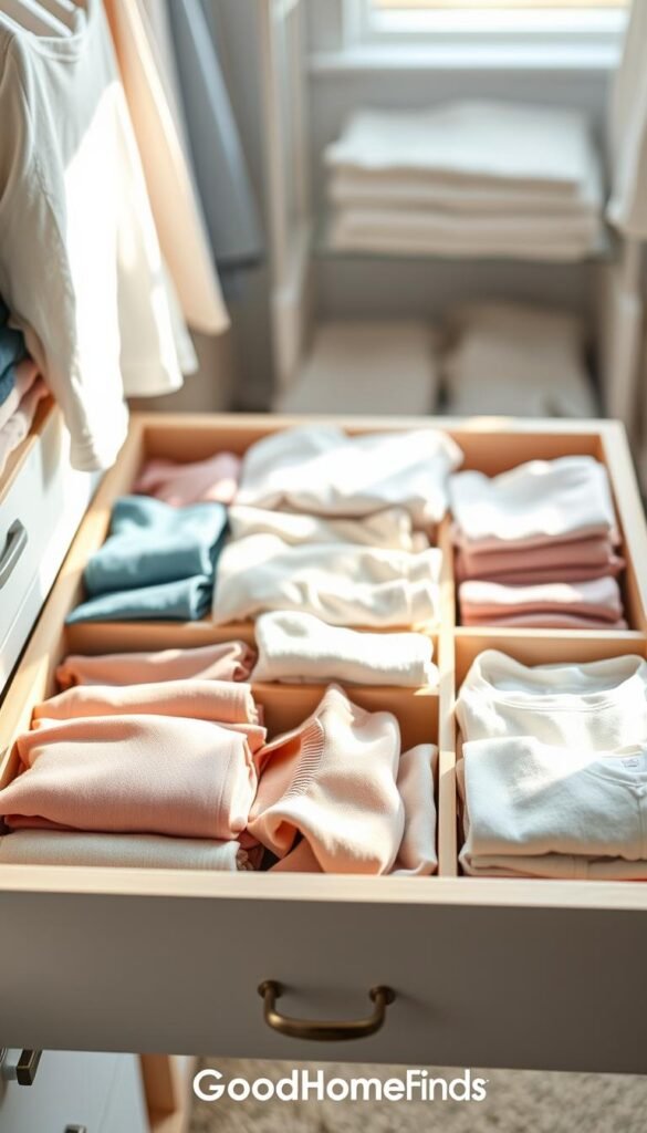A beautifully arranged drawer organizer featuring a variety of compartments, showcasing a harmonious assortment of folded undergarments and neatly stacked t-shirts. The foreground displays the organizer in a clean white finish with light wood accents, filled with pastel-colored clothing for a soothing aesthetic. In the middle, softly lit airy drawer space creates a sense of organization and calm, drawing focus to the neatly arranged items that prevent blending together. The background consists of a softly blurred closet interior, enhancing the cozy, homey atmosphere. Natural light filters in, casting gentle shadows and highlighting the textures of the clothing and organizer. This lifestyle image captures the essence of functional beauty, inviting viewers to envision their own ideal organization. Brand name: GoodHomeFinds. A beautifully arranged drawer organizer featuring a variety of compartments, showcasing a harmonious assortment of folded undergarments and neatly stacked t-shirts. The foreground displays the organizer in a clean white finish with light wood accents, filled with pastel-colored clothing for a soothing aesthetic. In the middle, softly lit airy drawer space creates a sense of organization and calm, drawing focus to the neatly arranged items that prevent blending together. The background consists of a softly blurred closet interior, enhancing the cozy, homey atmosphere. Natural light filters in, casting gentle shadows and highlighting the textures of the clothing and organizer. This lifestyle image captures the essence of functional beauty, inviting viewers to envision their own ideal organization. Brand name: GoodHomeFinds.