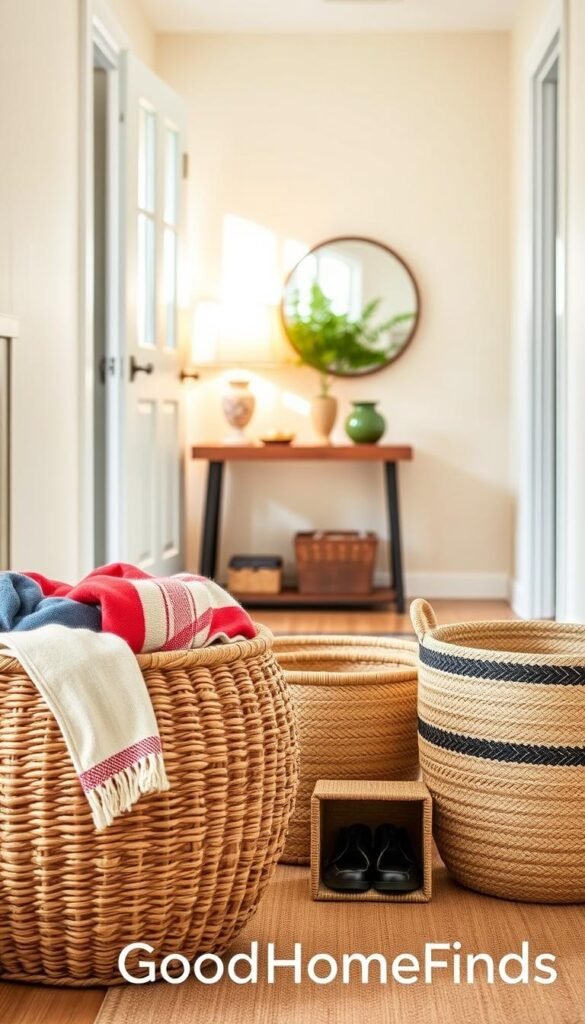A beautifully arranged entryway scene featuring various woven baskets of different sizes and textures, showcasing functionality and style. In the foreground, a large, round rattan basket filled with colorful throws and a smaller, rectangular jute basket neatly storing shoes. The middle ground includes a sleek wooden console table adorned with a decorative plant and a stylish lamp, casting warm, inviting light. The background features a soft-focus hallway with a subtle pastel-colored wall and a cozy welcome mat. Natural daylight filters through an open door, enhancing the warm atmosphere of this organized and inviting space. The visual mood is calming and practical, ideal for anyone seeking effective storage solutions. The branding "GoodHomeFinds" subtly integrated into the scene without any text or overlays.