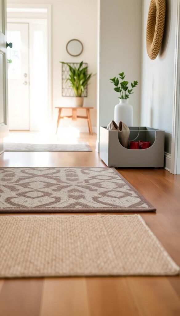 A beautifully arranged entryway showcasing a stylish entryway mat paired with a sleek shoe bin. In the foreground, a textured, neutral-toned mat with a subtle pattern lies elegantly on a polished wooden floor. The middle ground features a modern, minimalist shoe bin in a soft gray hue, filled with neatly arranged shoes in various colors. The background reveals a sunlit, airy space with light walls and a small potted plant on a wooden bench, creating a welcoming atmosphere. Soft, natural lighting floods in from a nearby window, casting gentle shadows and adding warmth to the scene. This Pinterest-style lifestyle photo reflects organization and simplicity, embodying the essence of clean and clutter-free living. GoodHomeFinds.